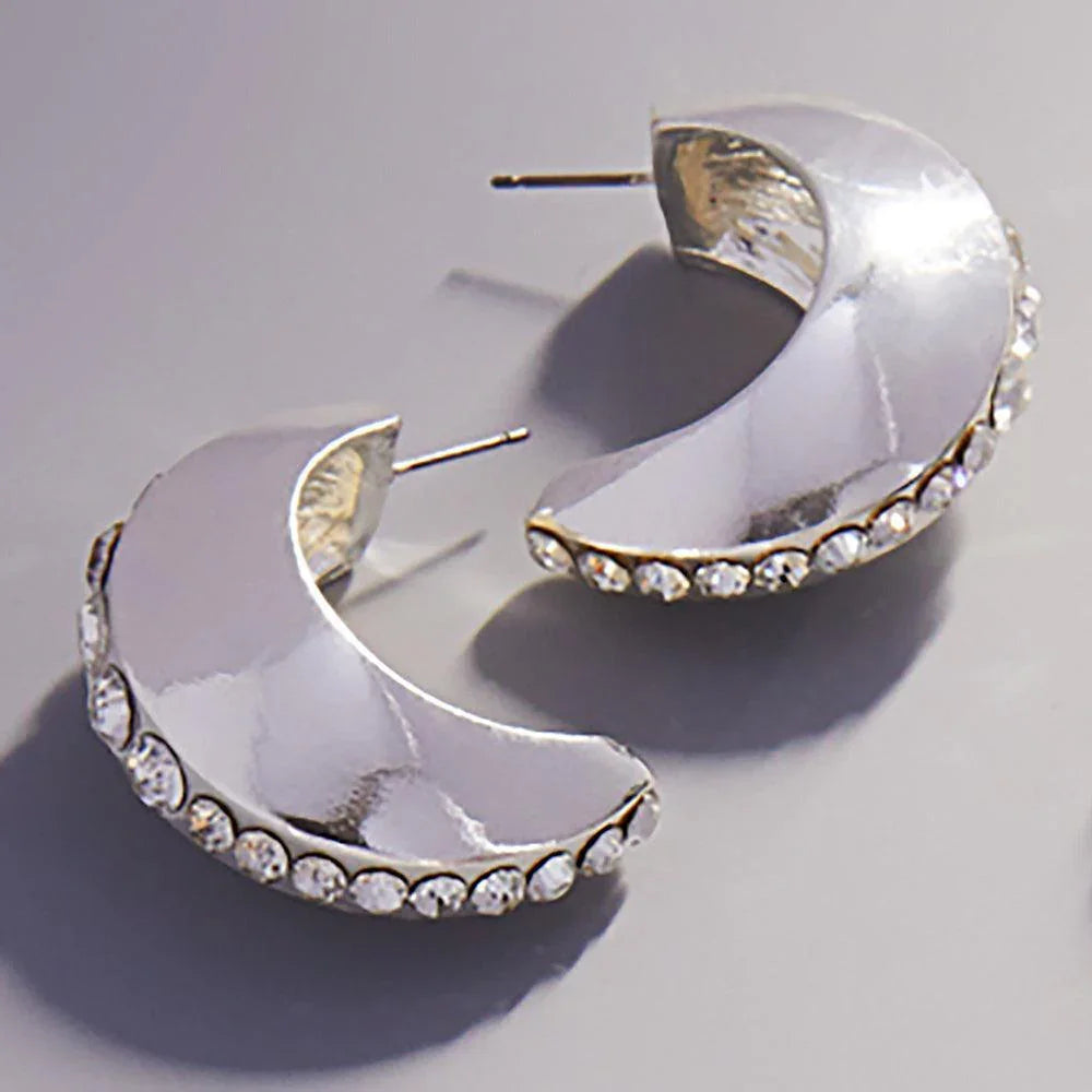 Clear Center Rhinestone Line Accented Chunky Crescent Hoop Earrings - Jewelry Store by Erik Rayo