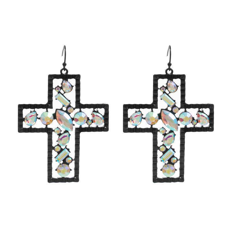 Black Stone Cluster Embellished Cross Dangle Earrings - Jewelry Store by Erik Rayo