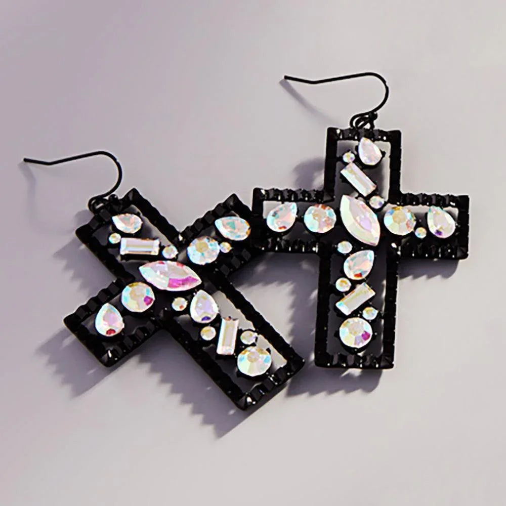 Black Stone Cluster Embellished Cross Dangle Earrings - Jewelry Store by Erik Rayo