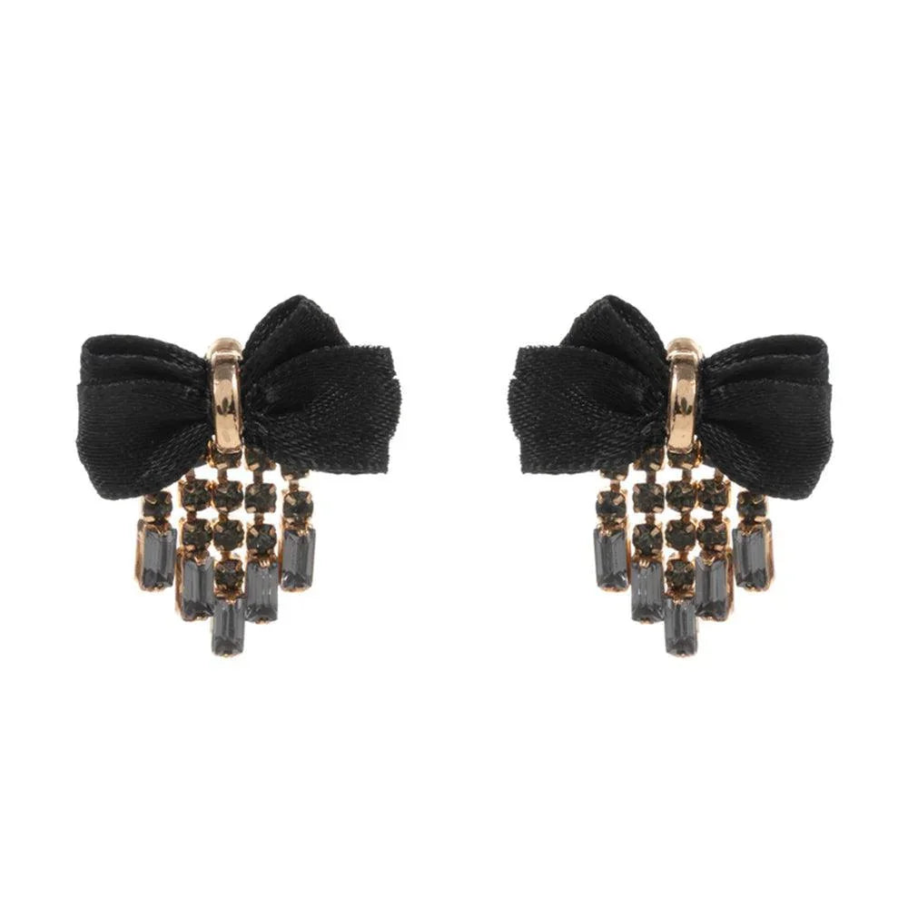 Black Rhinestone Fringe Bow Earrings - Jewelry Store by Erik Rayo