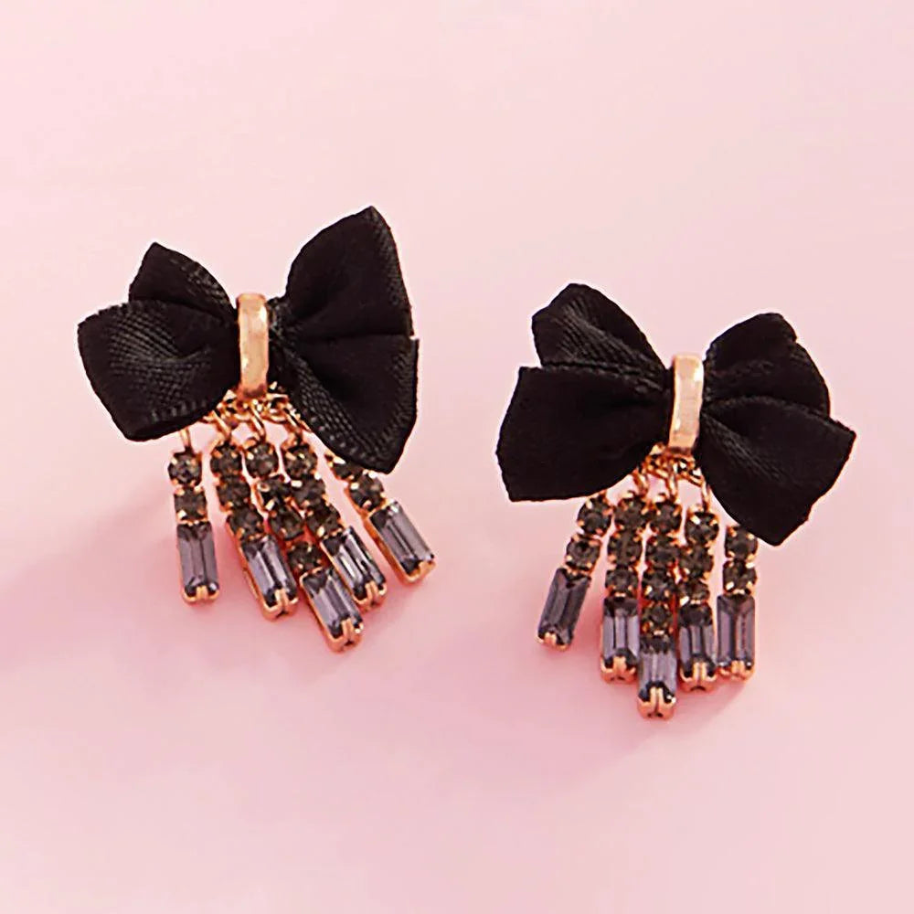Black Rhinestone Fringe Bow Earrings - Jewelry Store by Erik Rayo