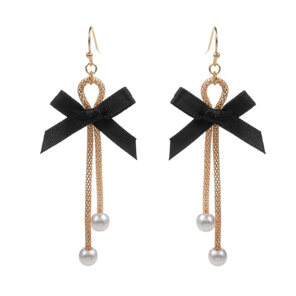 Black Bow Pointed Pearl Tip Dropdown Dangle Earrings - Jewelry Store by Erik Rayo