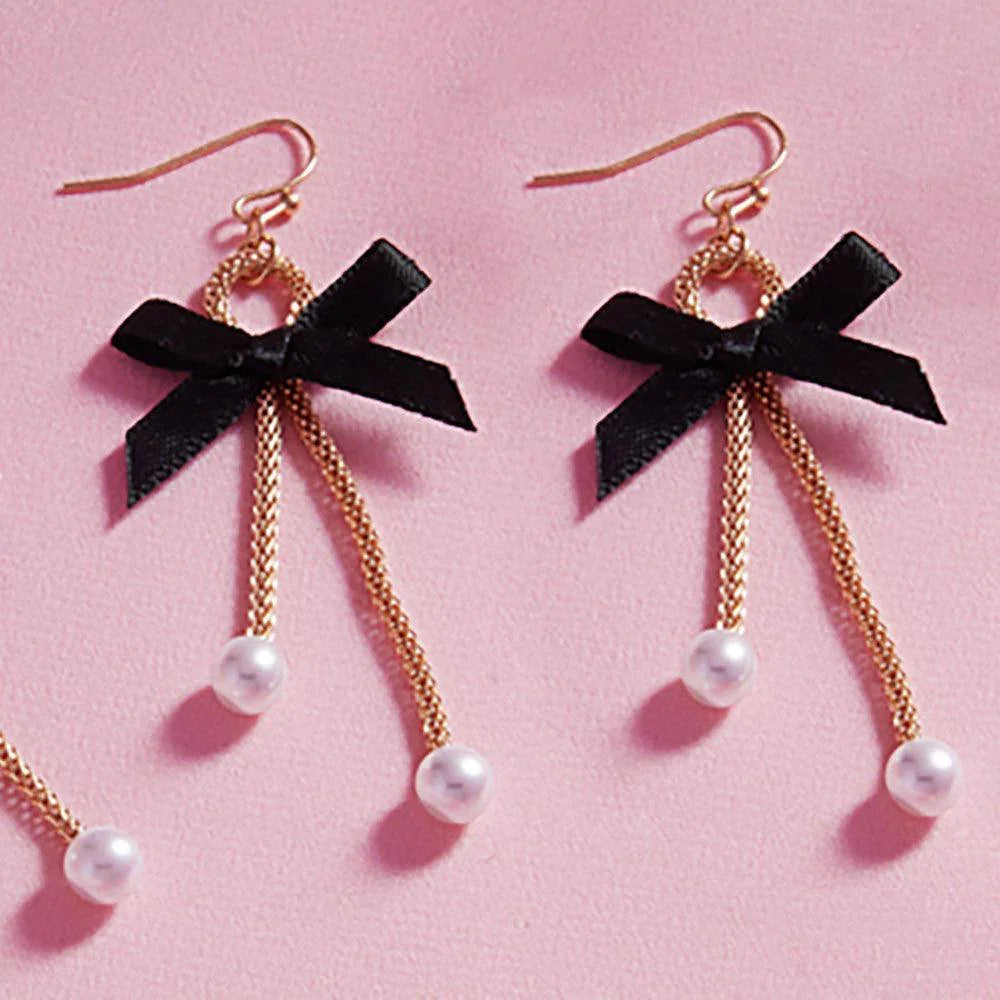 Black Bow Pointed Pearl Tip Dropdown Dangle Earrings - Jewelry Store by Erik Rayo