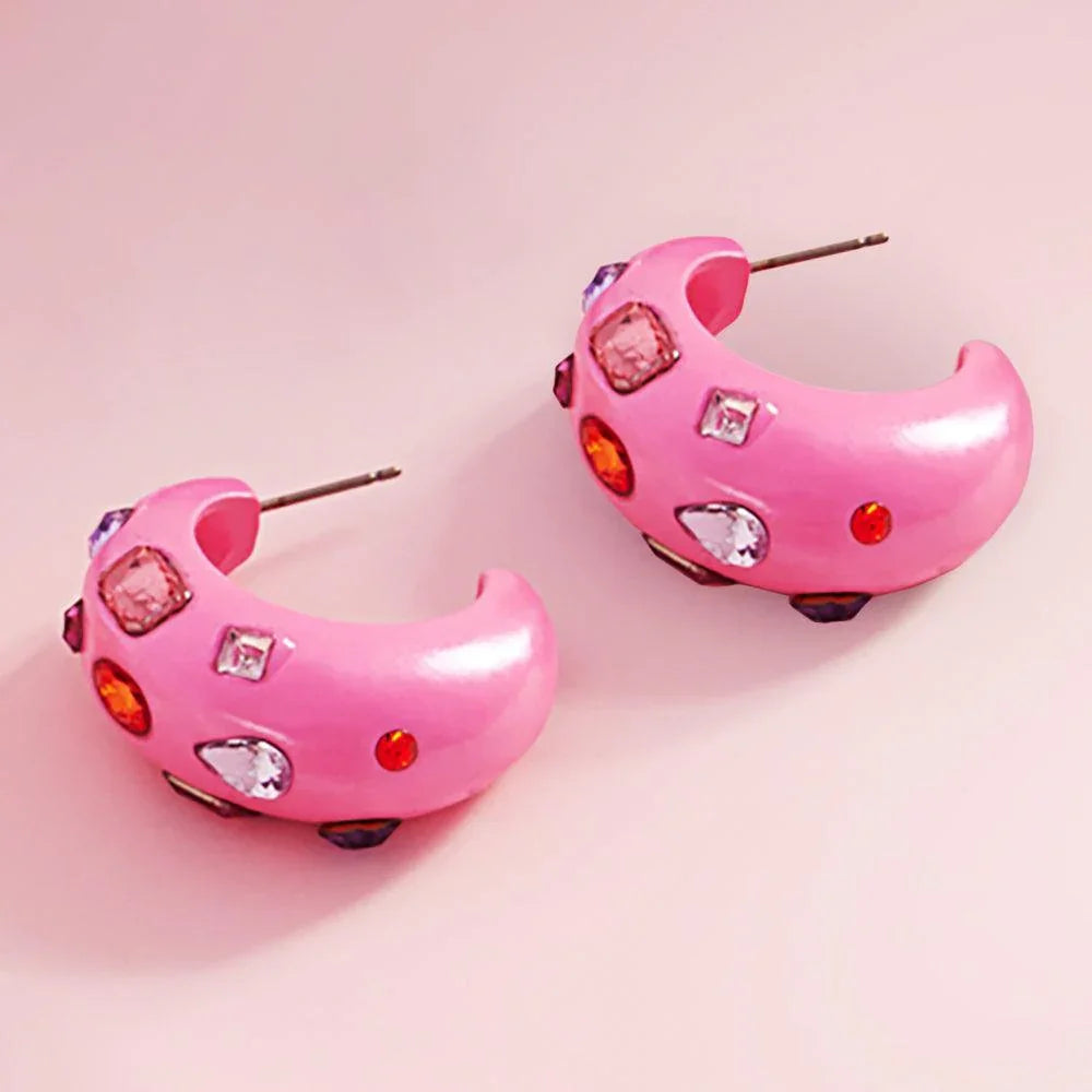 Pink Multi Stone Paved Chunky Hoop Earrings - Jewelry Store by Erik Rayo