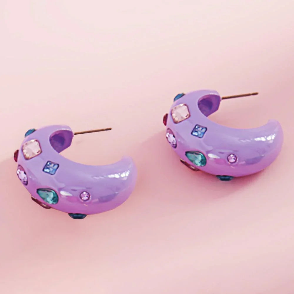 Lavender Multi Stone Paved Chunky Hoop Earrings - Jewelry Store by Erik Rayo