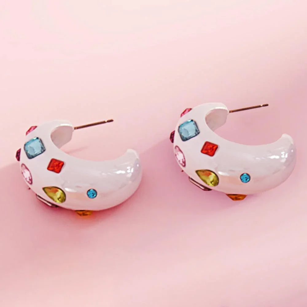 White Multi Stone Paved Chunky Hoop Earrings - Jewelry Store by Erik Rayo