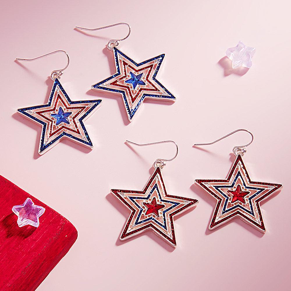 Blue Enamel American USA Flag Star Dangle Earrings - Jewelry Store by Erik Rayo