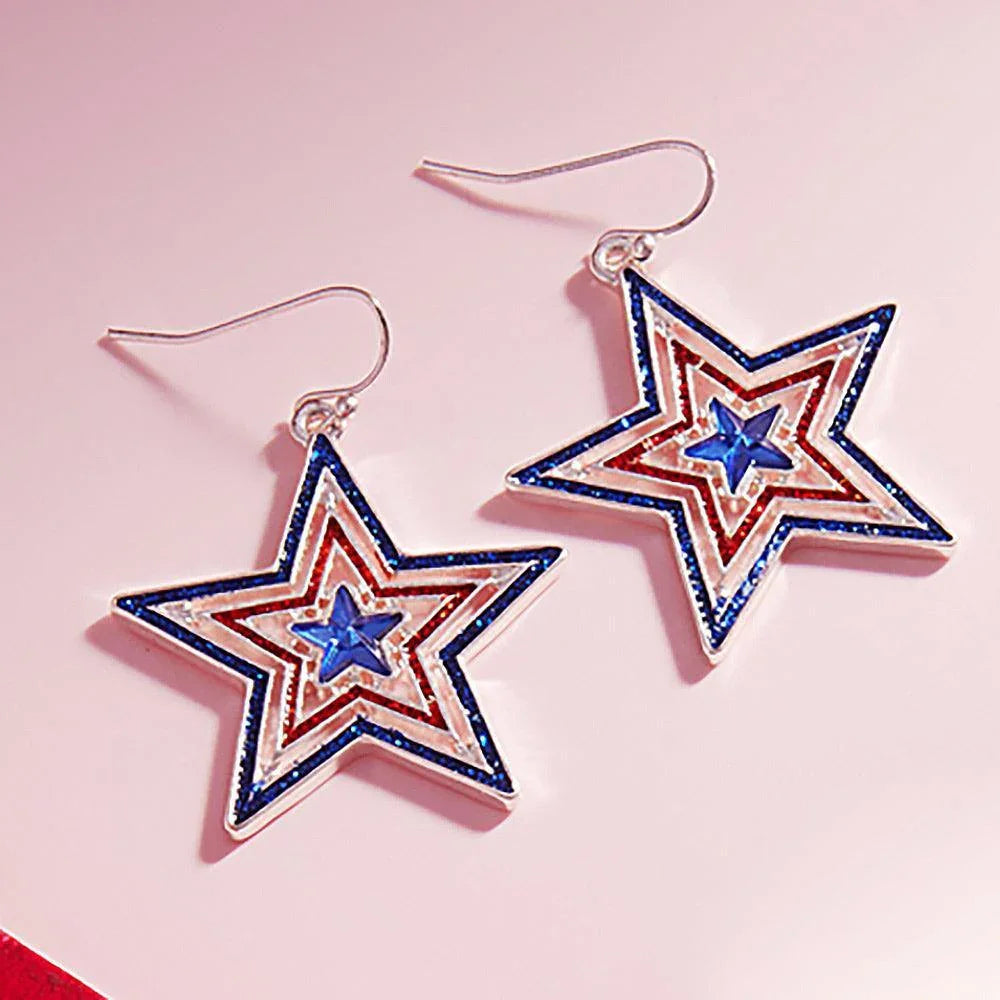 Blue Enamel American USA Flag Star Dangle Earrings - Jewelry Store by Erik Rayo