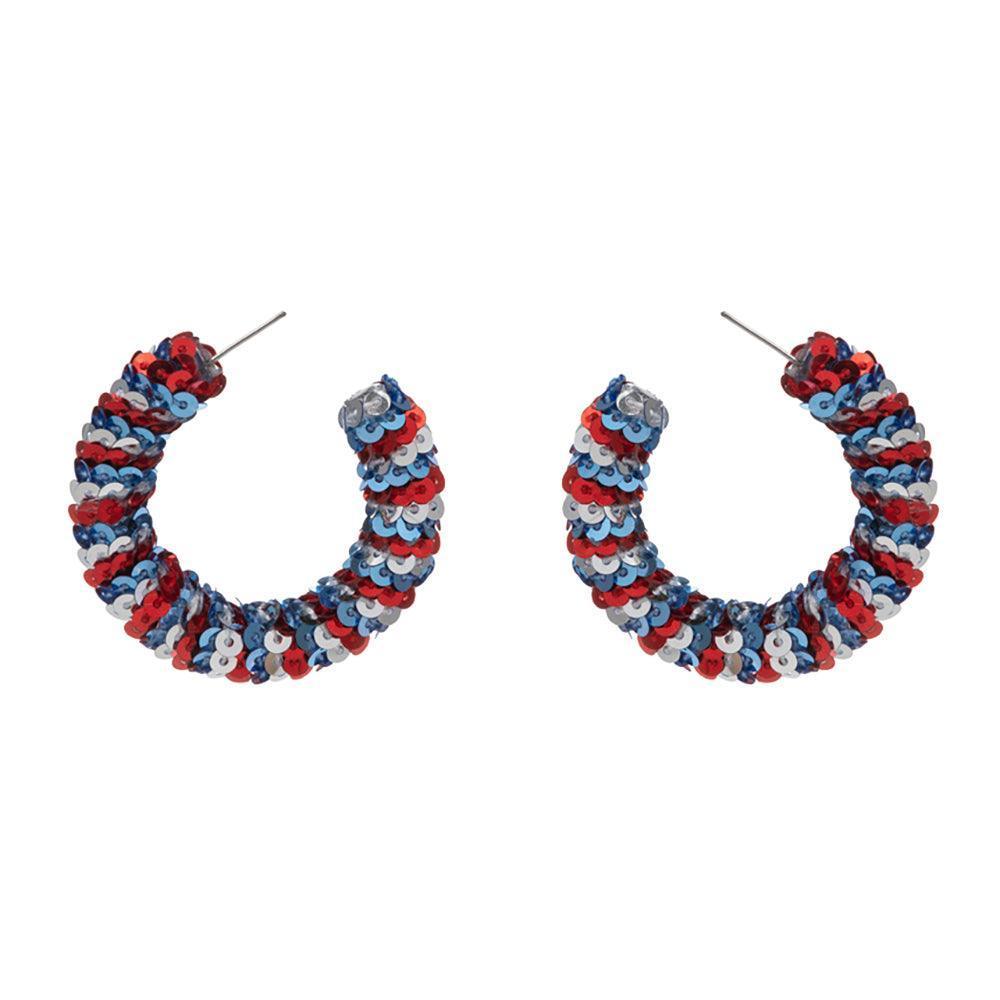 American USA Flag Sequin Wrapped Hoop Earrings - Jewelry Store by Erik Rayo