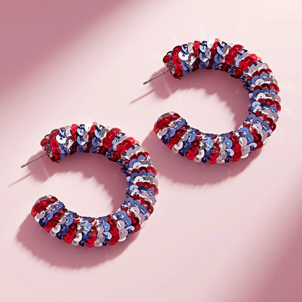 American USA Flag Sequin Wrapped Hoop Earrings - Jewelry Store by Erik Rayo