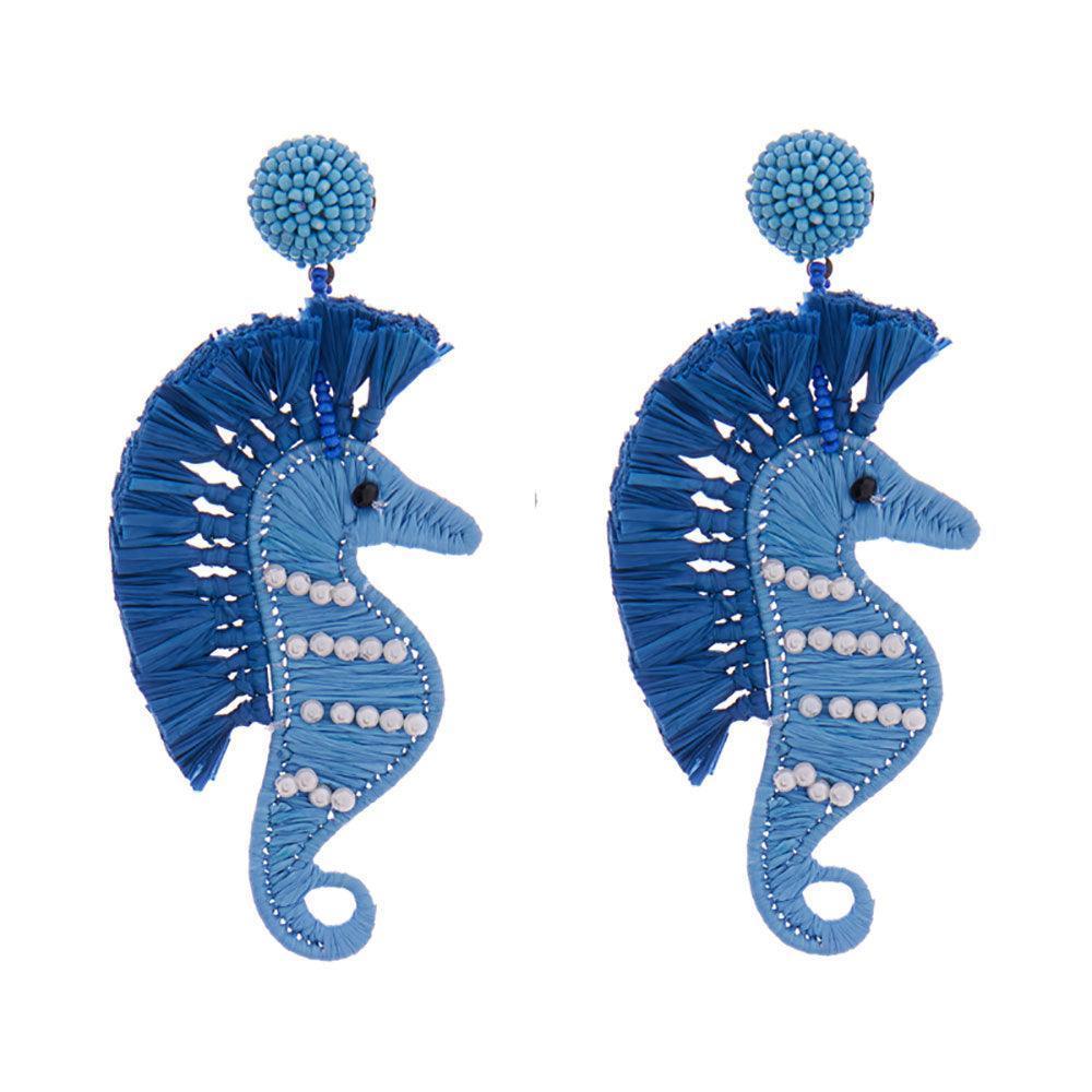 Blue Pearl Accented Raffia Seahorse Dangle Earrings - Jewelry Store by Erik Rayo