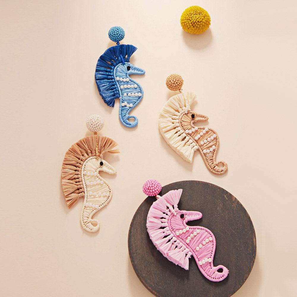 Blue Pearl Accented Raffia Seahorse Dangle Earrings - Jewelry Store by Erik Rayo