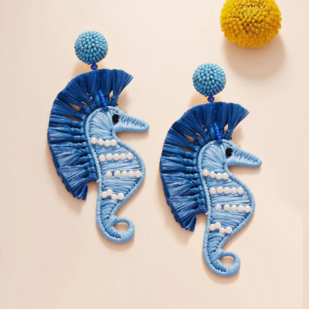 Blue Pearl Accented Raffia Seahorse Dangle Earrings - Jewelry Store by Erik Rayo