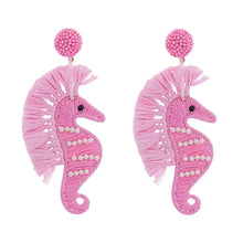 Load image into Gallery viewer, Pink Pearl Accented Raffia Seahorse Dangle Earrings
