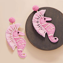 Load image into Gallery viewer, Pink Pearl Accented Raffia Seahorse Dangle Earrings
