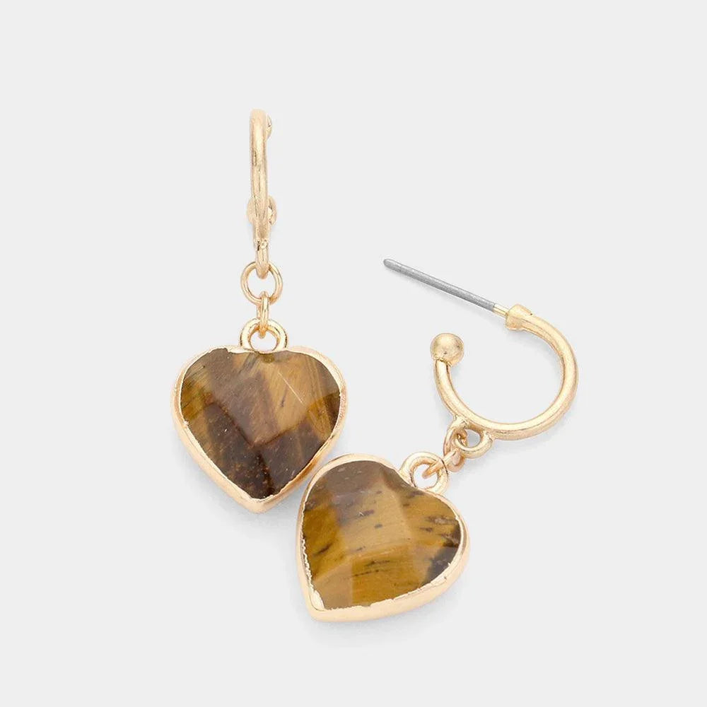 Brown Semi Precious Natural Stone Heart Dangle Earrings - Jewelry Store by Erik Rayo