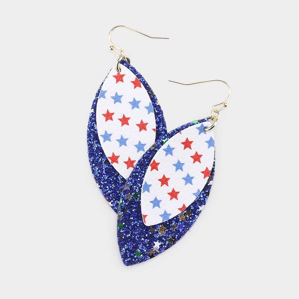 Blue Glitter USA Flag Faux Leather Earrings - Jewelry Store by Erik Rayo