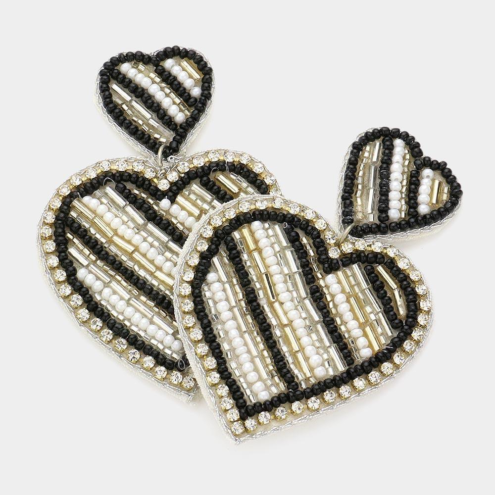 Black Felt Back Beaded Double Heart Link Dangle Earrings - Jewelry Store by Erik Rayo