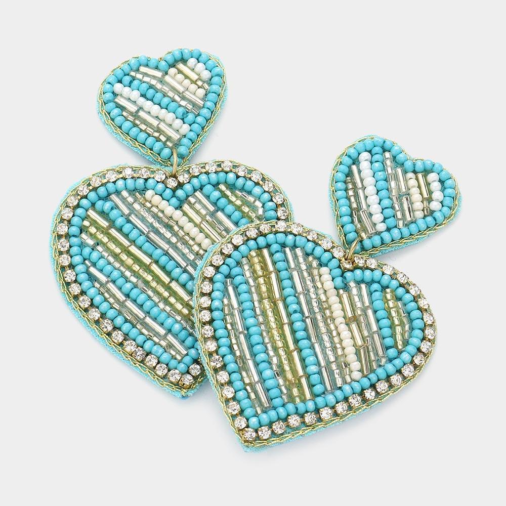 Blue Felt Back Beaded Double Heart Link Dangle Earrings - Jewelry Store by Erik Rayo