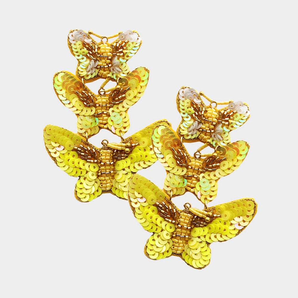 Yellow Felt Back Sequin Triple Butterfly Link Dangle Earrings