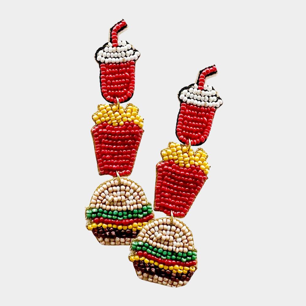 Felt Back Seed Beaded Cock Fries Hamburger Link Dangle Earrings - Jewelry Store by Erik Rayo