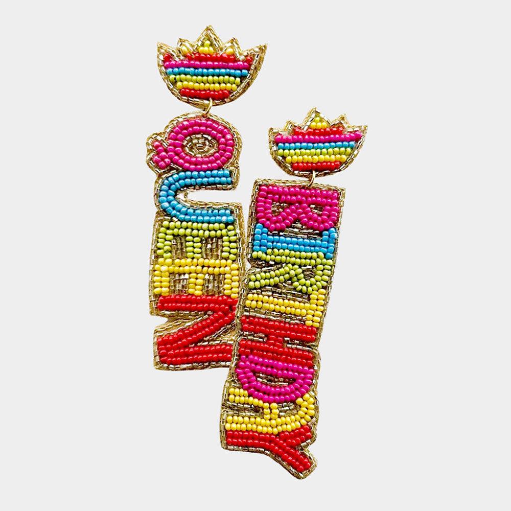 Felt Back Beaded Queen Birthday Message Link Dangle Earrings - Jewelry Store by Erik Rayo