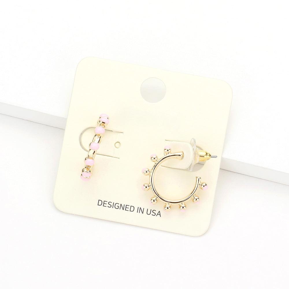 Pink Colored Metal Ball Half Hoop Earrings