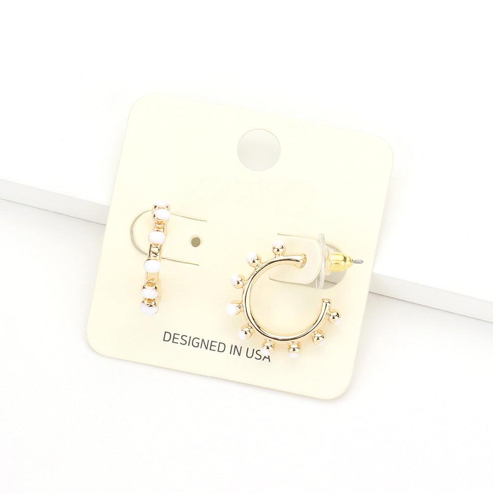 White Colored Metal Ball Half Hoop Earrings