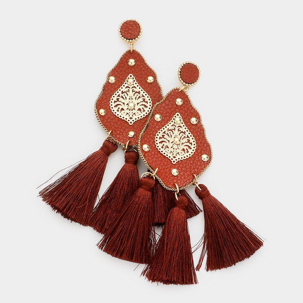Brown Studded Leather Petal Triple Tassel Earrings - Jewelry Store by Erik Rayo