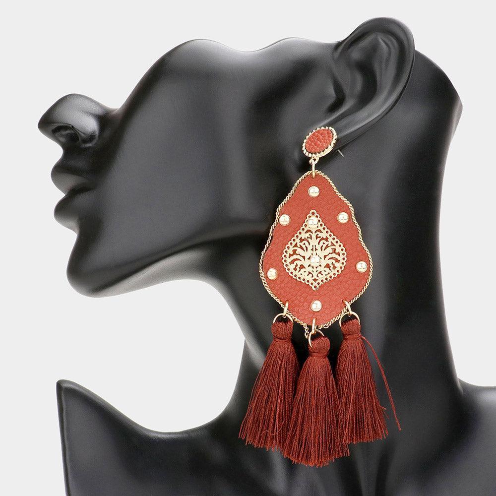 Brown Studded Leather Petal Triple Tassel Earrings - Jewelry Store by Erik Rayo