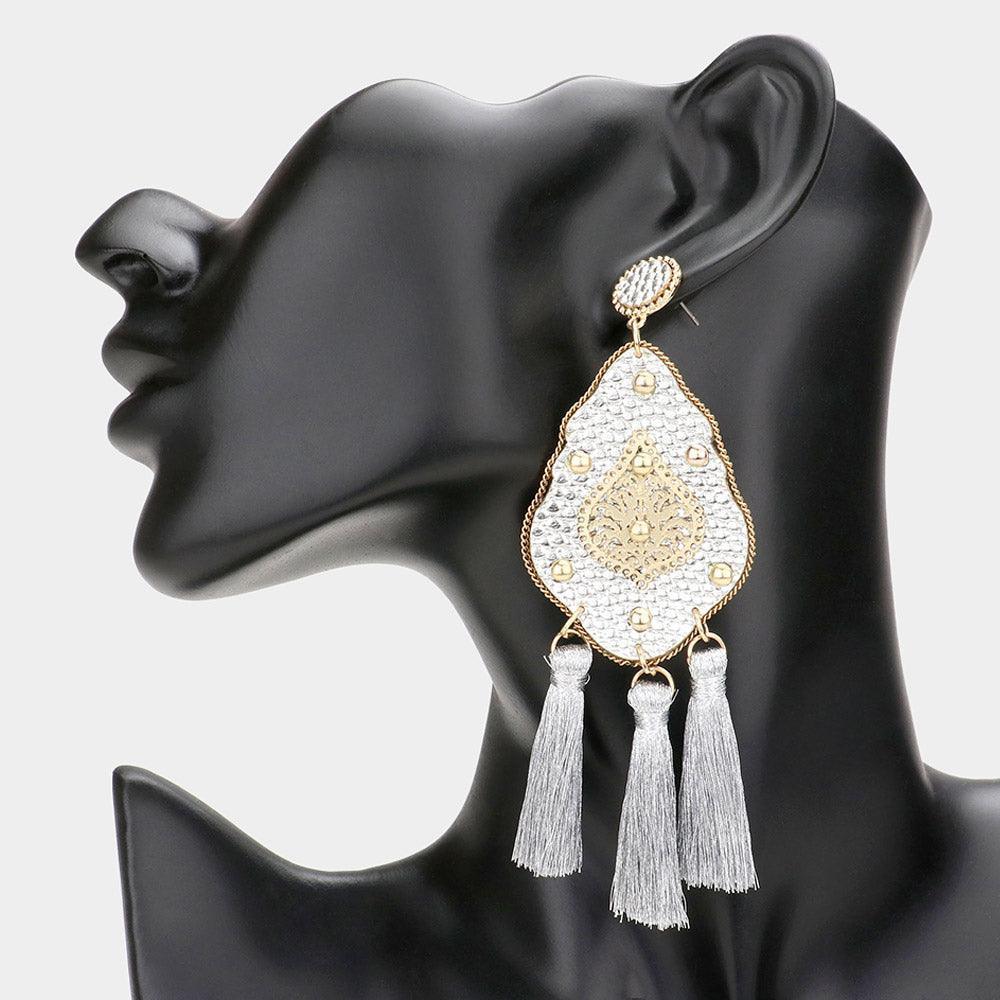 Silver Studded Leather Petal Triple Tassel Earrings - Jewelry Store by Erik Rayo