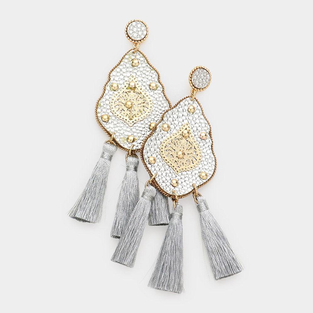 Silver Studded Leather Petal Triple Tassel Earrings - Jewelry Store by Erik Rayo