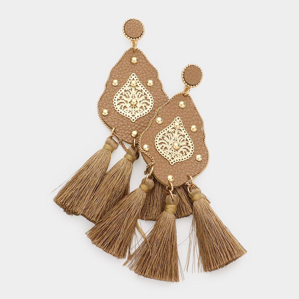 Studded Leather Petal Triple Tassel Earrings