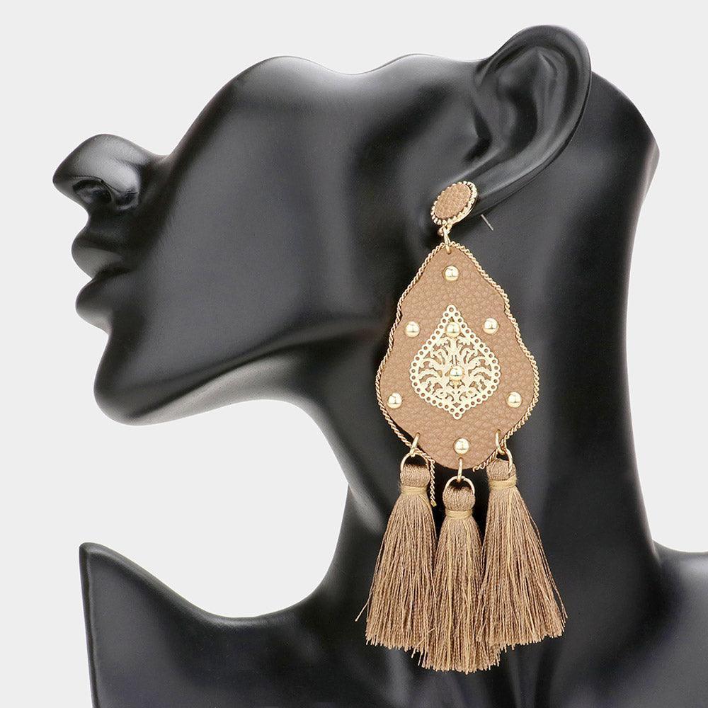 Studded Leather Petal Triple Tassel Earrings - Jewelry Store by Erik Rayo