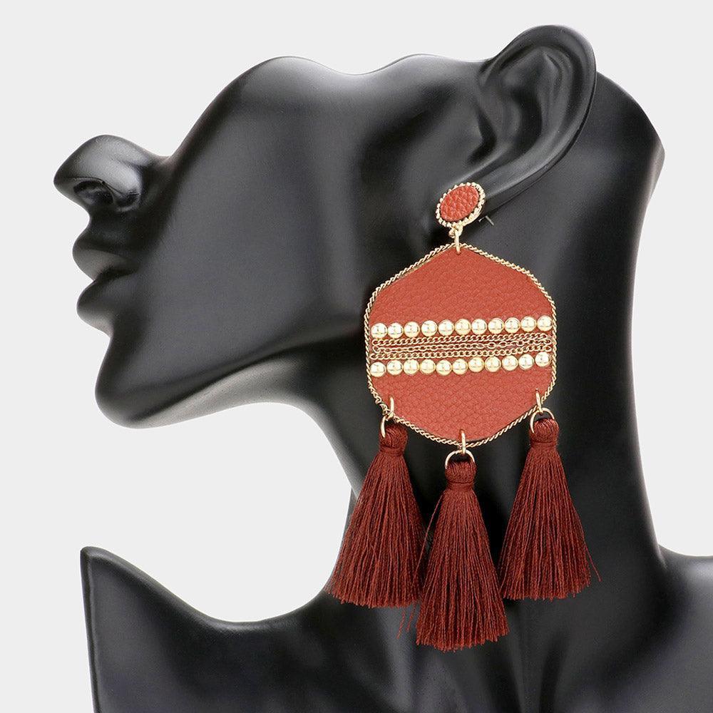 Brown Studded Leather Triple Tassel Earrings - Jewelry Store by Erik Rayo