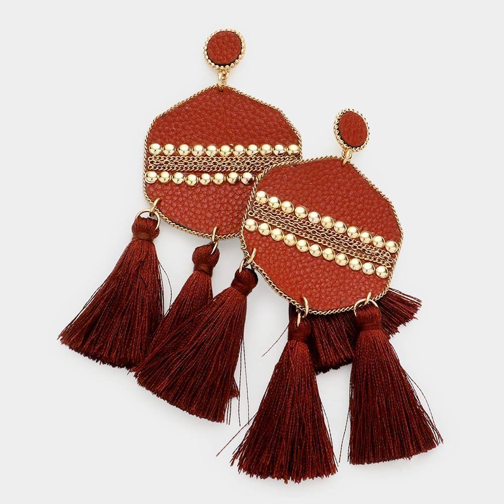 Brown Studded Leather Triple Tassel Earrings - Jewelry Store by Erik Rayo