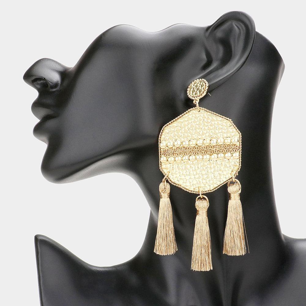 Gold Studded Leather Triple Tassel Earrings - Jewelry Store by Erik Rayo