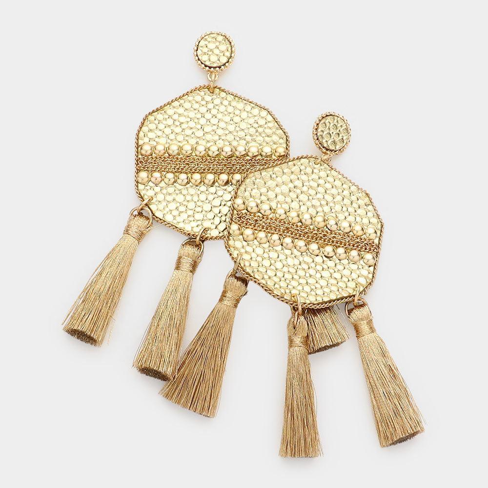 Gold Studded Leather Triple Tassel Earrings - Jewelry Store by Erik Rayo