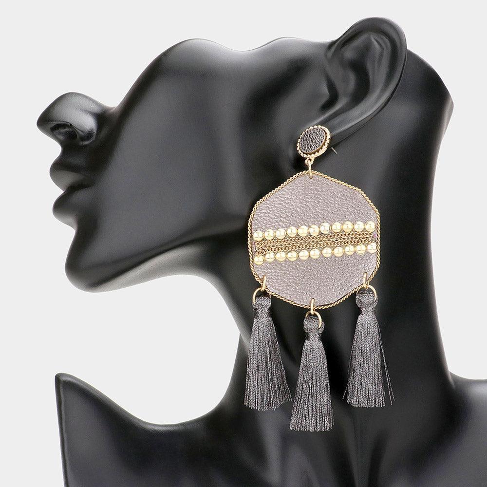 Hematite Studded Leather Triple Tassel Earrings - Jewelry Store by Erik Rayo
