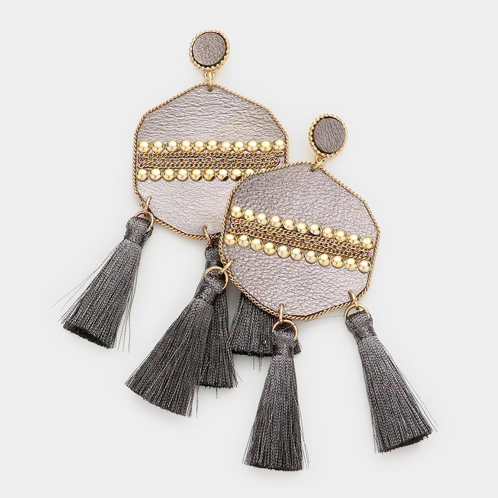 Hematite Studded Leather Triple Tassel Earrings - Jewelry Store by Erik Rayo