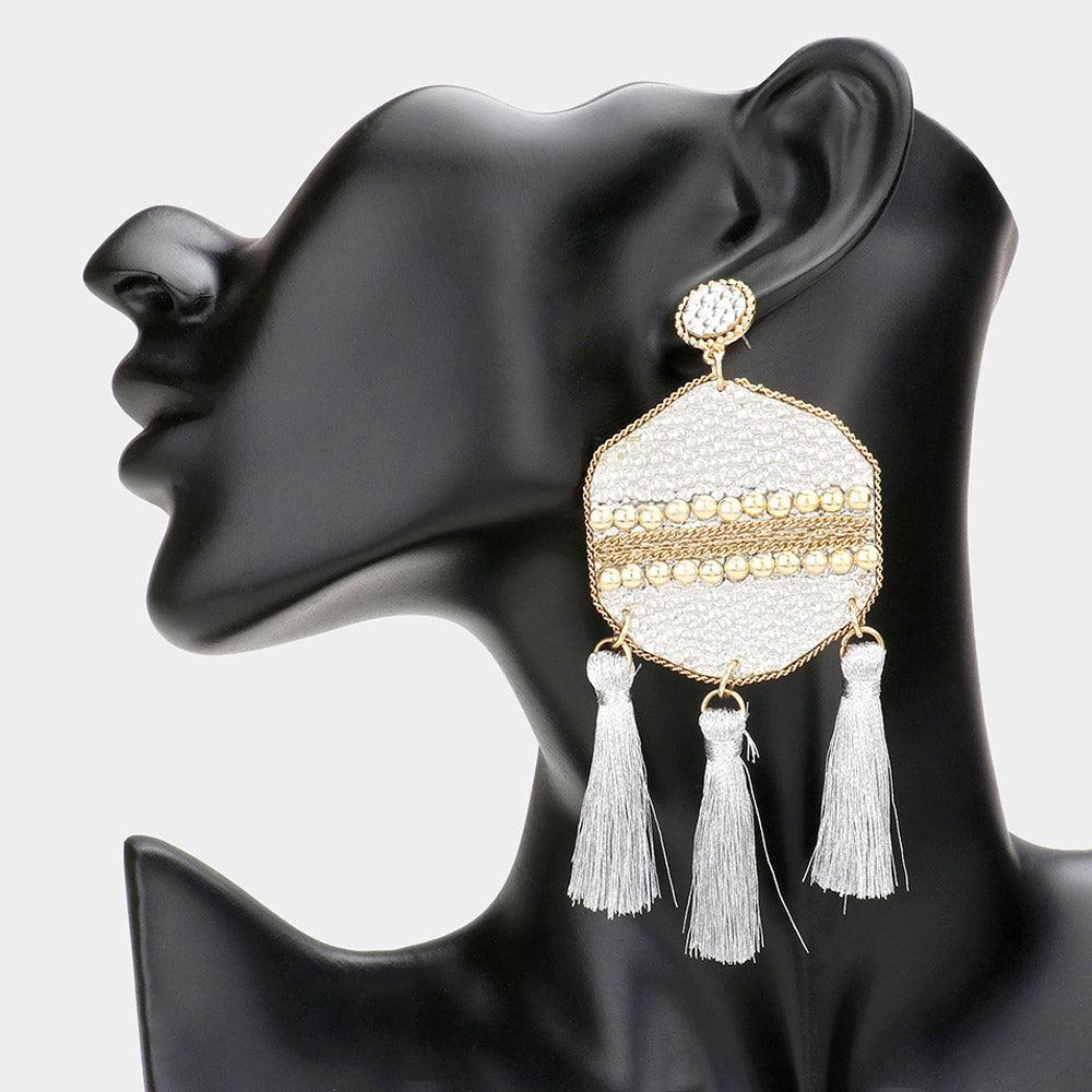 Silver Studded Leather Triple Tassel Earrings - Jewelry Store by Erik Rayo