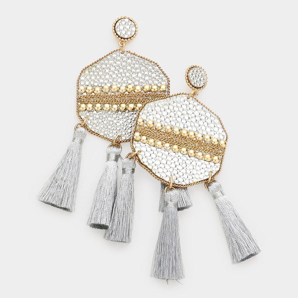 Silver Studded Leather Triple Tassel Earrings - Jewelry Store by Erik Rayo