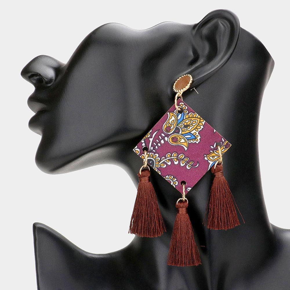 Brown Floral Print Square Wood Square Triple Tassel Earrings - Jewelry Store by Erik Rayo