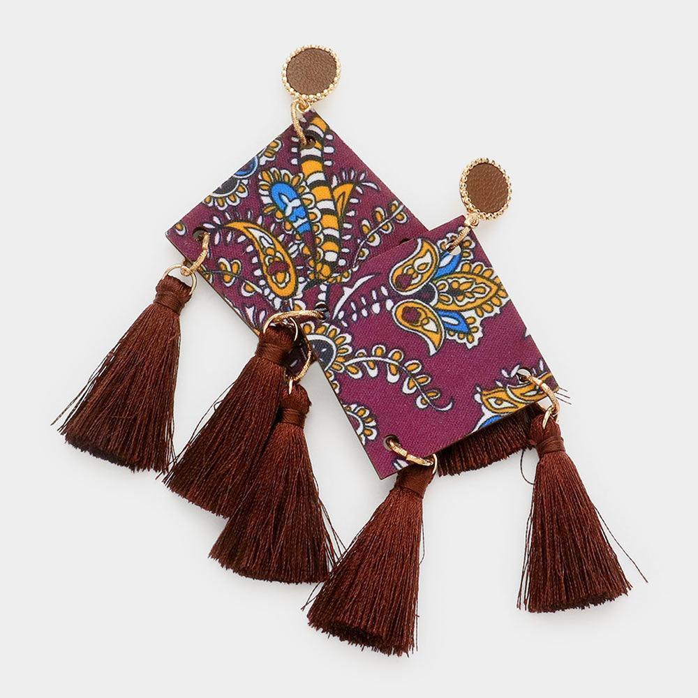 Brown Floral Print Square Wood Square Triple Tassel Earrings - Jewelry Store by Erik Rayo