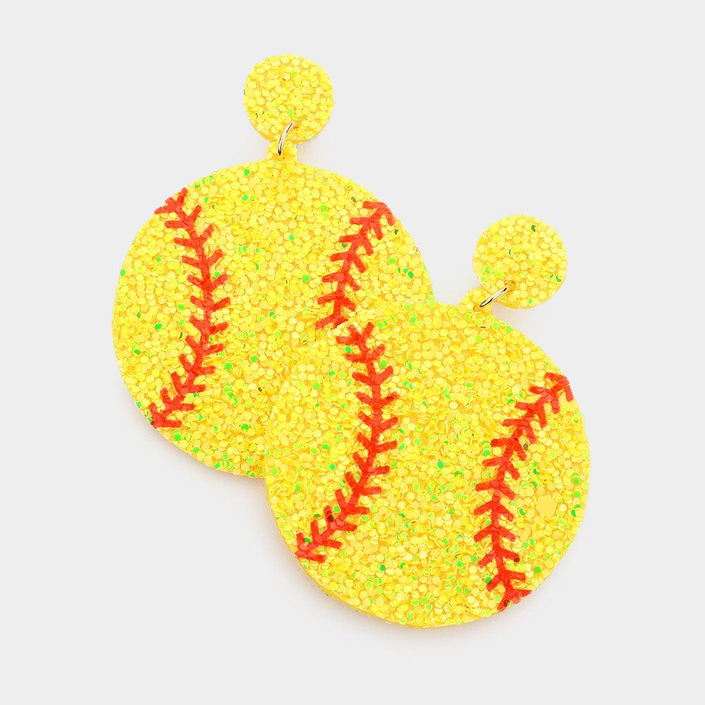 Yellow Felt Back Softball Sequin Dangle Earrings