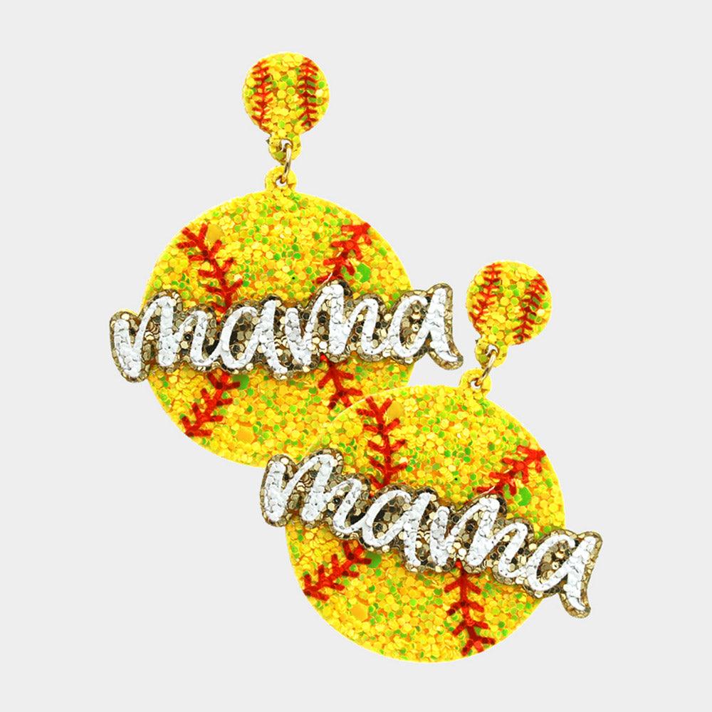 Yellow Felt Back Sequin Softball Mama Dangle Earrings