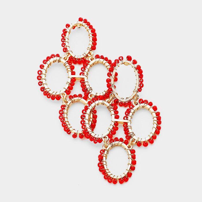 Red Wire Wrapped Seed Bead Oval Earrings - Jewelry Store by Erik Rayo