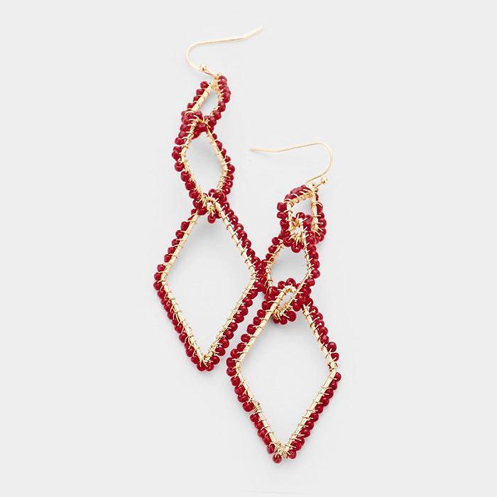 Gold Triple Seed Beaded Rhombus Dangle Earrings - Jewelry Store by Erik Rayo