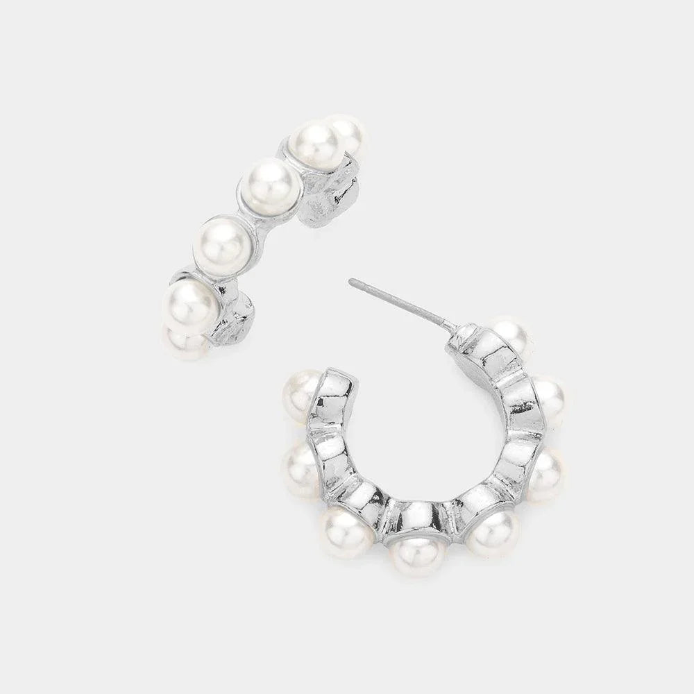 White Pearl Embellished Hoop Earrings - Jewelry Store by Erik Rayo