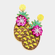 Load image into Gallery viewer, Yellow Bead Embellished Glittered Pineapple Dangle Earrings
